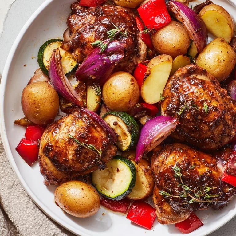 Tender Black Garlic and Balsamic Chicken thighs with caramelized vegetables, a flavorful, one-pan family dinner option.