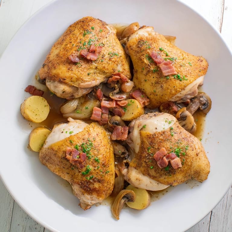 Imagine savory Instant Pot Coq au Vin Style Chicken Thighs, perfectly simmered with mushrooms and herbs, ready to serve.