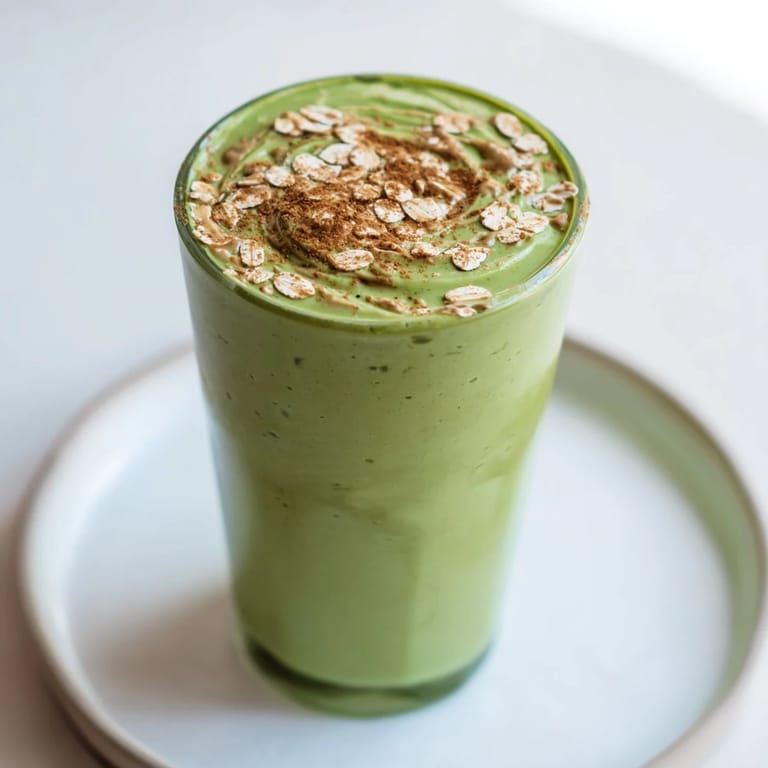 This healthy Matcha Snickerdoodle Protein Shake shows its creamy consistency, ready to drink, with a hint of matcha and almond butter.