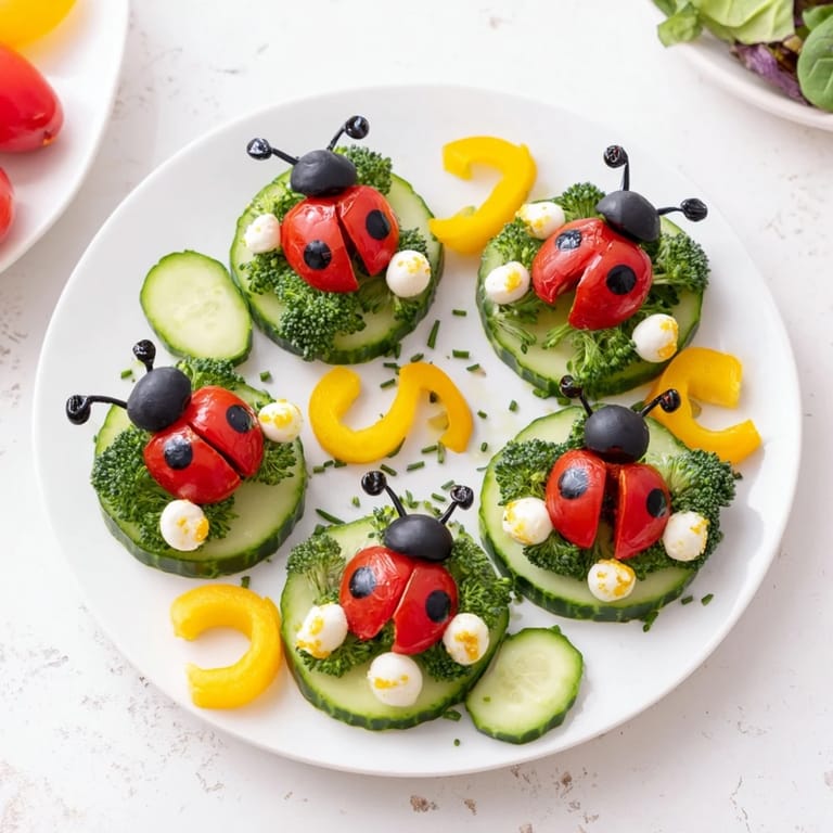 Delightful Ladybug Garden Platter displays a garden of fresh ingredients, ideal as a party snack.