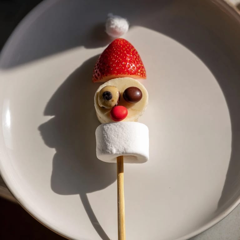 Freshly made Banana Santa Snack Sticks, a festive treat showing off red strawberries and white marshmallows.