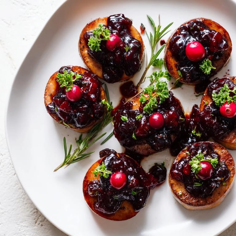 Savory, bite-sized Festive Holly Berry Sausage Bites, warm and glistening with cranberry sauce, ready for serving.