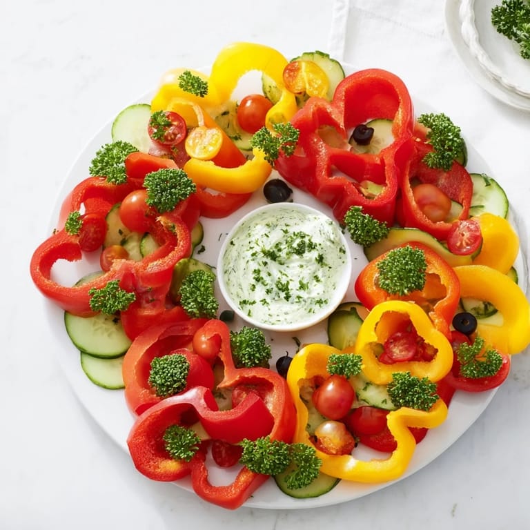 Vibrant Festive Bell Pepper Wreath on a platter, showcasing colorful veggies served with creamy herbed dip.