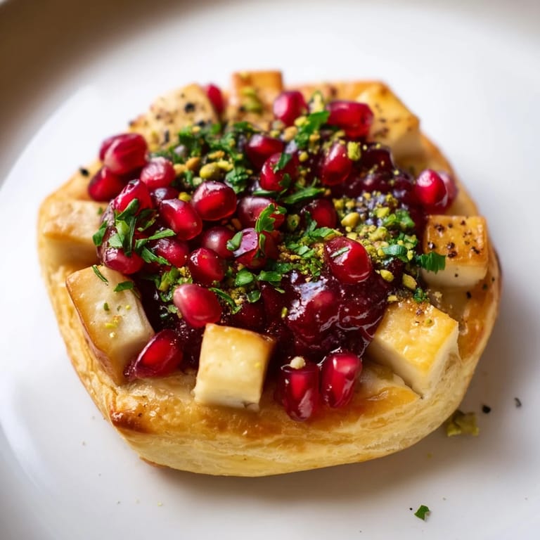 Warm Fireworks Brie Tartlets show off creamy Brie contrasting with jewel-toned pomegranate arils.