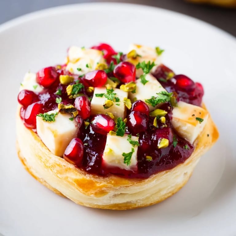 Enjoy these easy appetizers: savory Fireworks Brie Tartlets topped with fresh herbs and pistachios.
