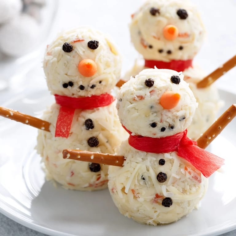 Three creamy Snowman Cheese Balls sit on a platter, ready to be enjoyed with crackers.