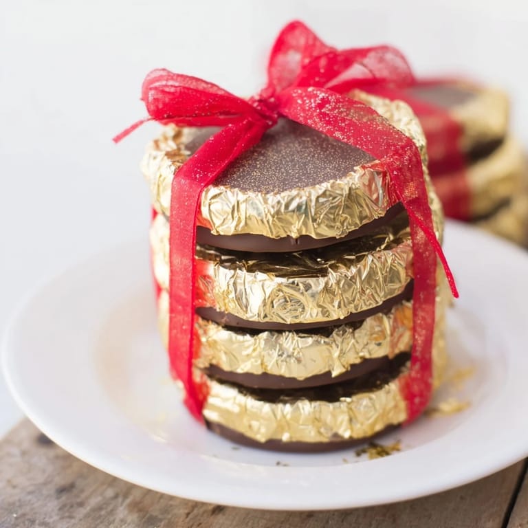 Festive close-up of shiny chocolate gold coin stacks, perfect for a celebration treat.