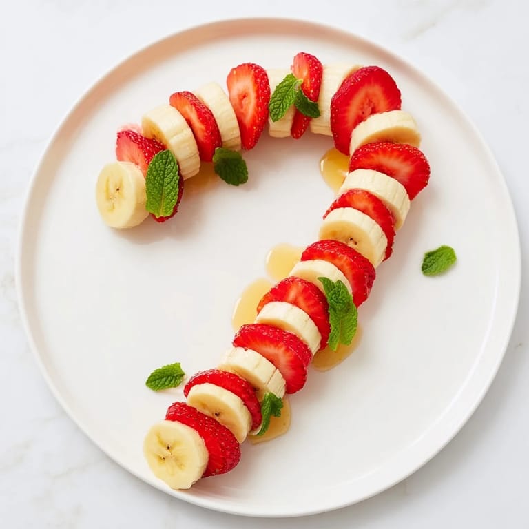 A beautifully arranged strawberry and banana candy cane, ready to be enjoyed as a refreshing snack.