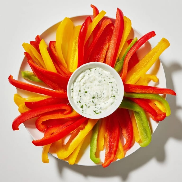 Fresh bell pepper strips with yogurt dip, a healthy snack bursting with garden-fresh flavors and textures.