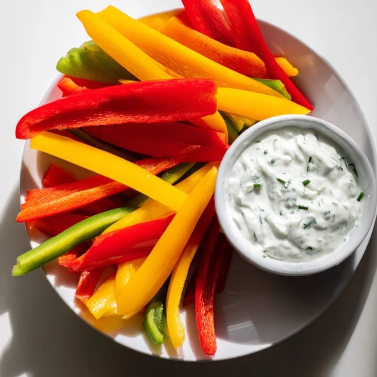 Vibrant arrangement of bell pepper strips around a bowl of creamy Greek yogurt dip, perfect for parties.