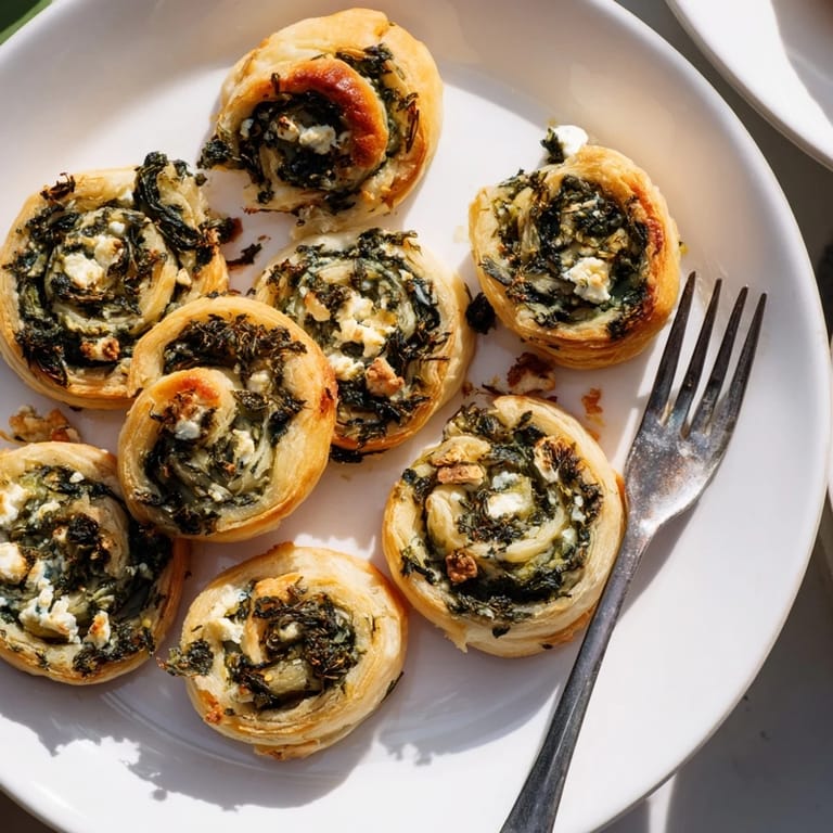 Close-up of baked Savory Spinach Feta Pinwheel Spirals, showing flaky layers with a creamy, savory spinach and feta filling.