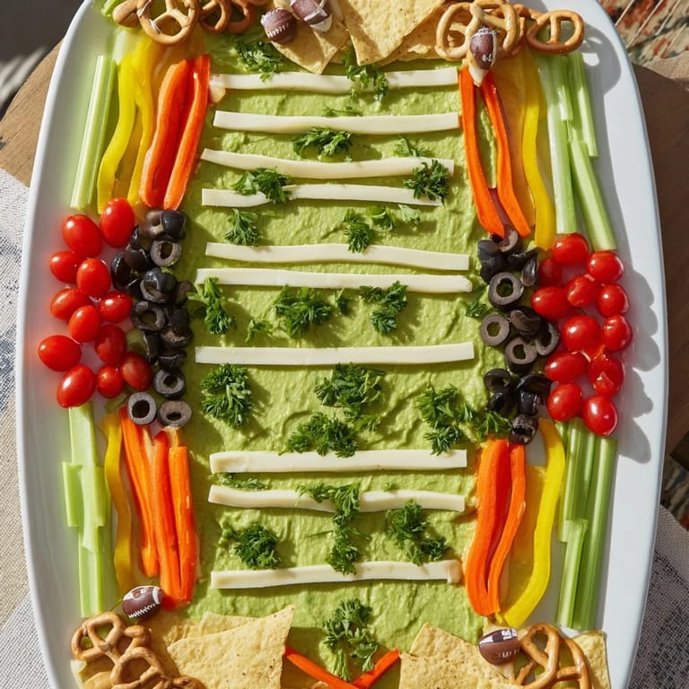 Enjoy a colorful Game Day Football Field Snack Board, featuring fresh veggies, dips, and cheese strips.