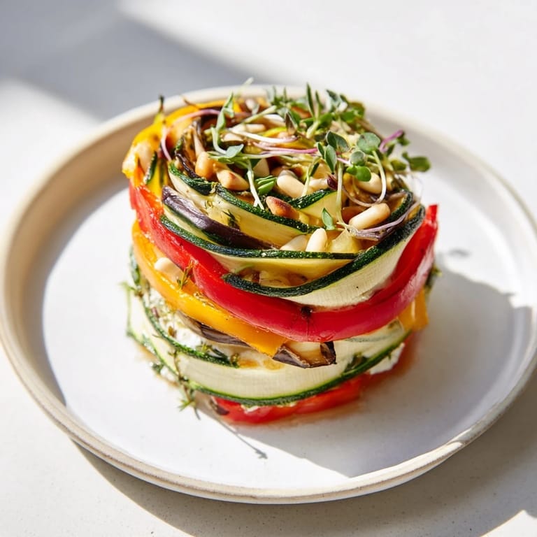 Vibrant The Snail Shell Spiral presents a beautiful vegetarian dish with layers of roasted zucchini and squash.