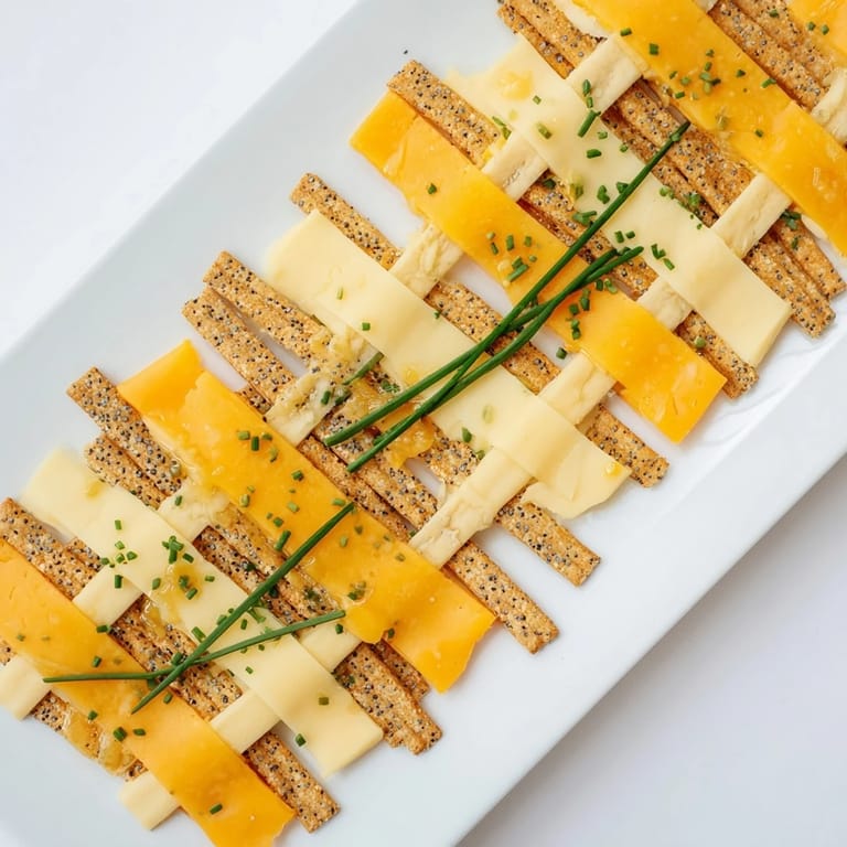 Close-up of a finished Garden Gate Lattice, showcasing the woven cheese and crackers for serving.