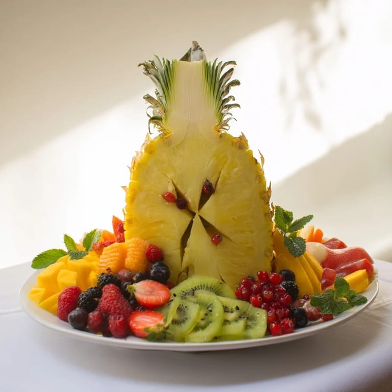 A luscious array of fresh fruits surrounds a pineapple centerpiece in this elegant Tropical Pineapple Paradise creation.