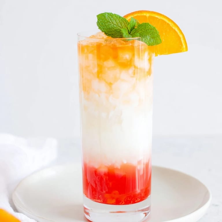 Vibrant image: the Alpine Sunrise mocktail shows layered colors of white, orange, and red.