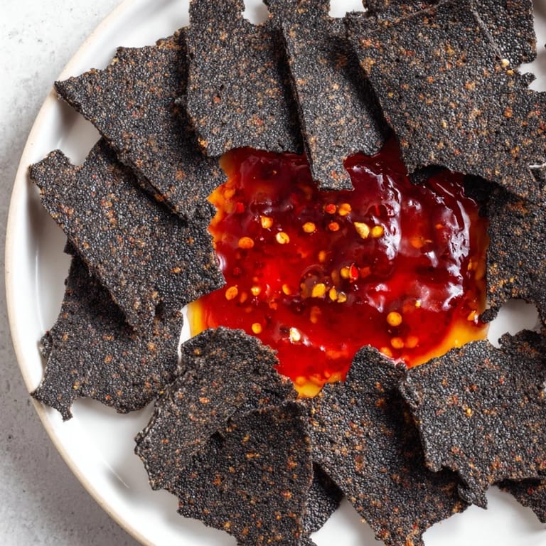 Enjoy the dramatic presentation of The Volcanic Flow: spicy jelly erupting from a crater of dark crackers.