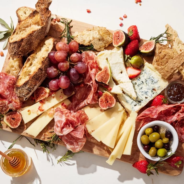 A lavish, close-up view of The Final Curtain, a grazing board with cascading cheeses and fresh berries.