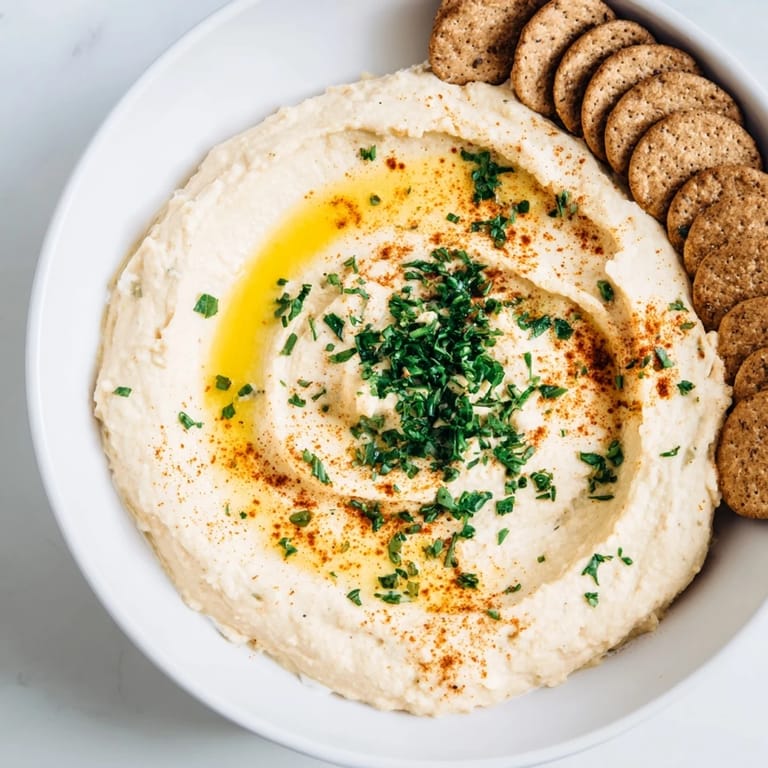Two elegant bowls of easy dips, with crackers separating the hummus and yogurt dip.