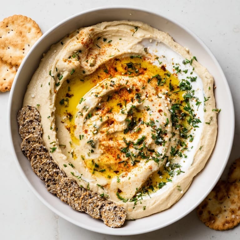 Close-up of easy dips: imagine fresh herbs swirling in the yogurt dip; crackers are ready to dip.