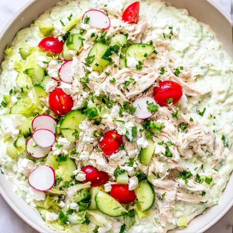 Warm and savory Green Goddess Chicken Nacho Dip, featuring shredded chicken with vibrant toppings.