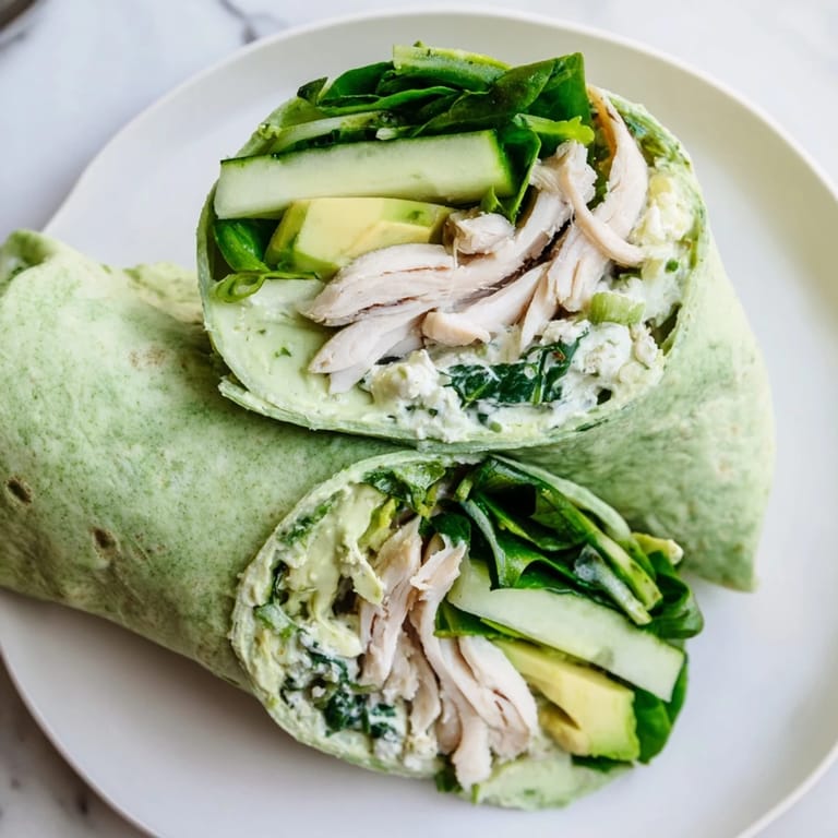 A beautifully presented Green Goddess Wellness Wrap, showing the creamy avocado and vibrant dressing layers.