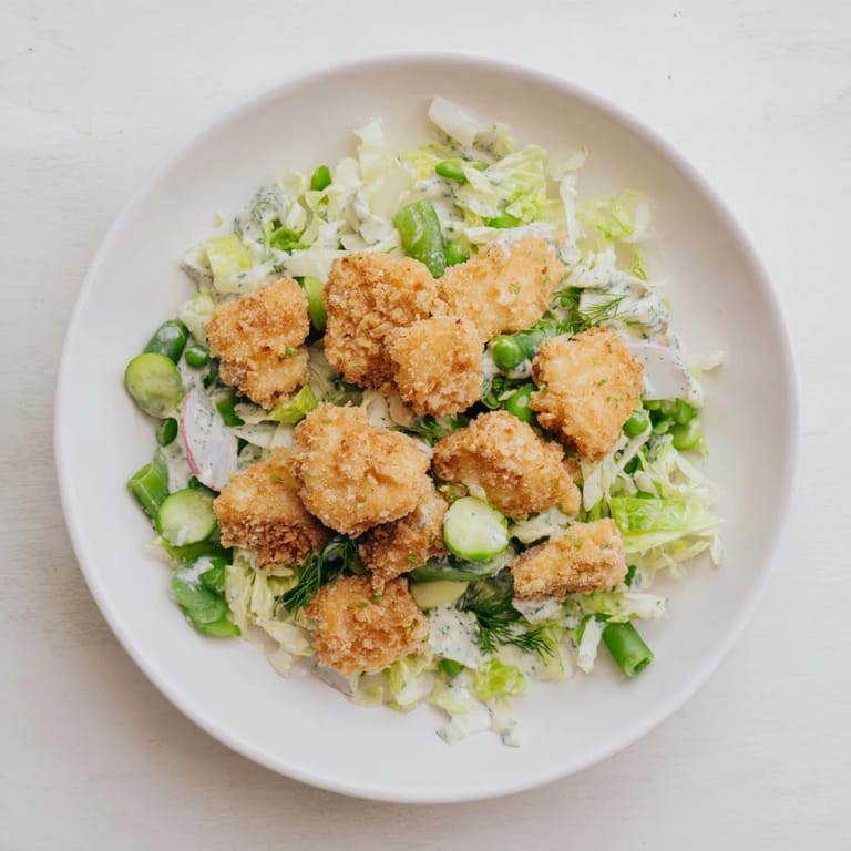A close-up view of the fresh Green Goddess Nugget Salad, tossed in creamy green dressing.