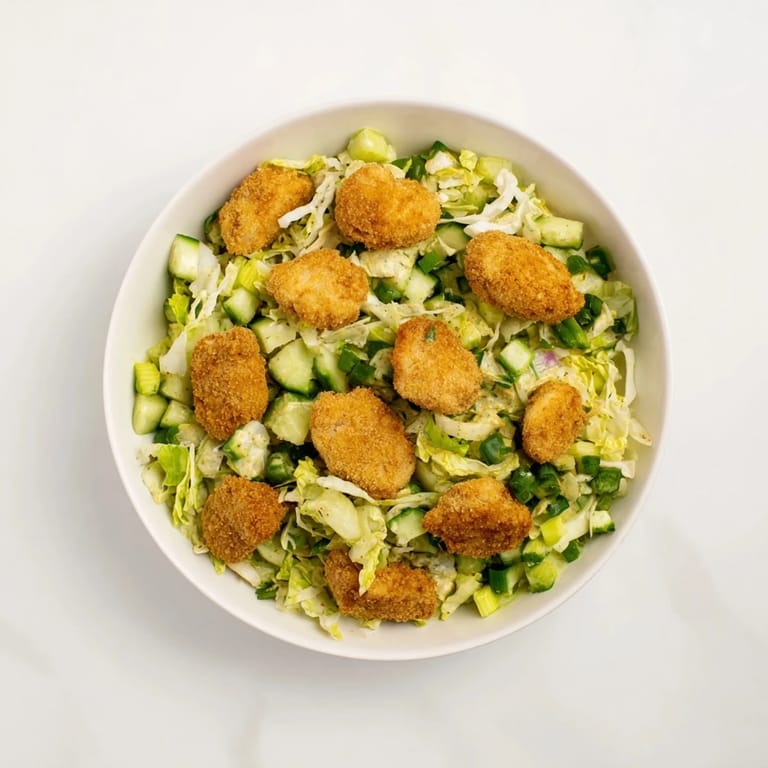 Enjoy a satisfying bite of the crunchy Green Goddess Nugget Salad with golden, crispy nuggets.