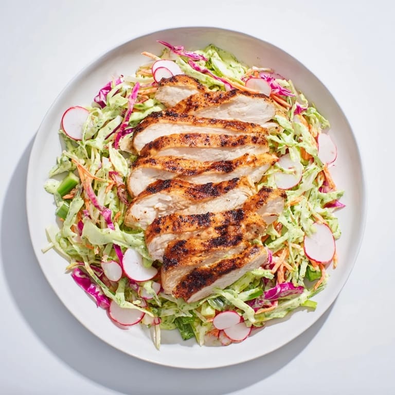 Enjoy a delicious bowl of Green Goddess Cabbage Slaw featuring fresh cabbage, radishes, and grilled chicken.
