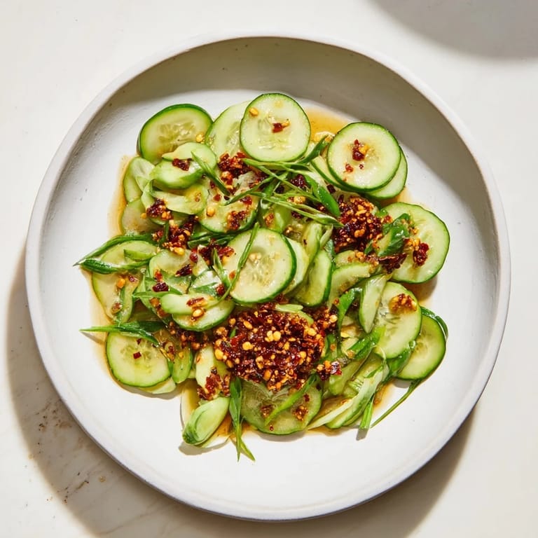 Vibrant colors shine in this Cucumber Shaker Salad, tossed with a spicy chili crisp.