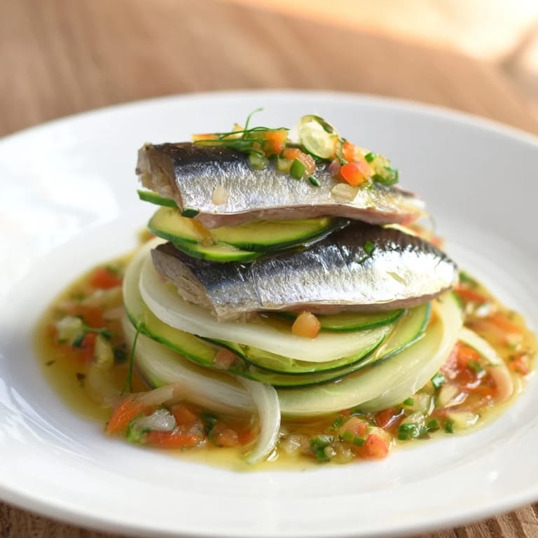 Showcasing fresh ingredients in a layered Cucumber and Tinned Fish Salad, with glistening vinaigrette.