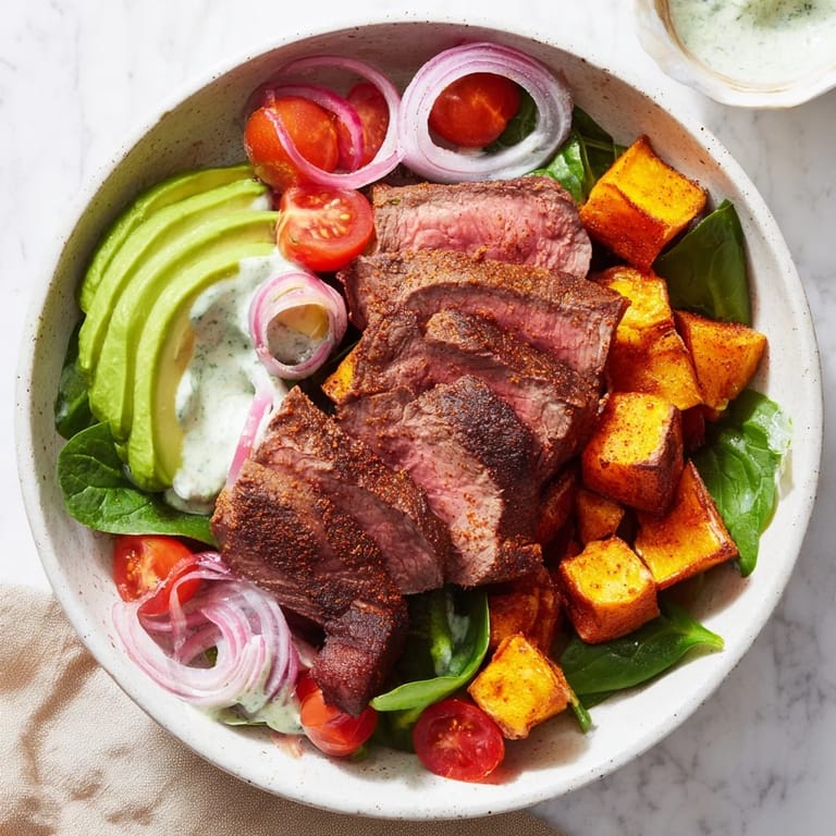 Perfectly cooked beef and roasted sweet potatoes in a satisfying beef avocado sweet potato bowl, ready to enjoy.