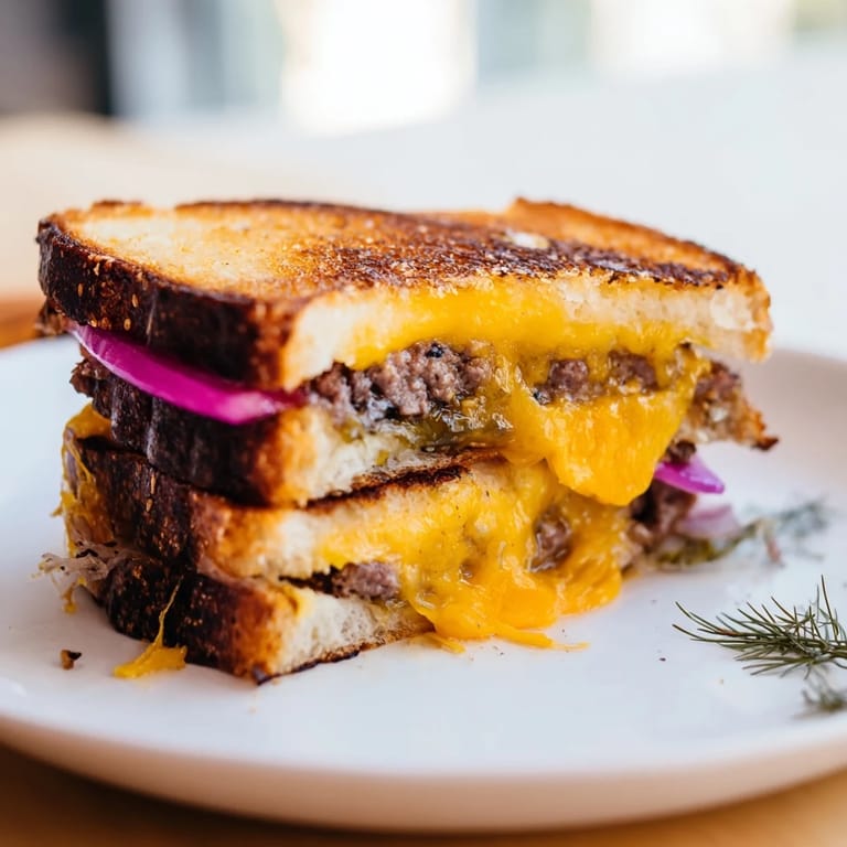 Melted cheese oozes from a delicious smashed burger grilled cheese with crispy edges.
