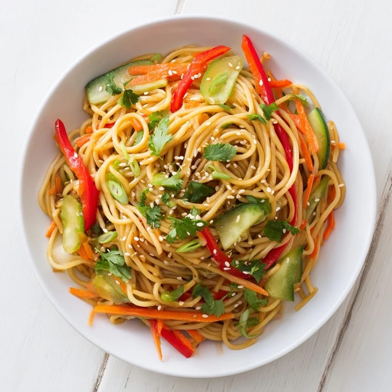 Imagine the amazing flavors of this chilled Garlic Noodle Salad tossed with sesame seeds, ready to eat!