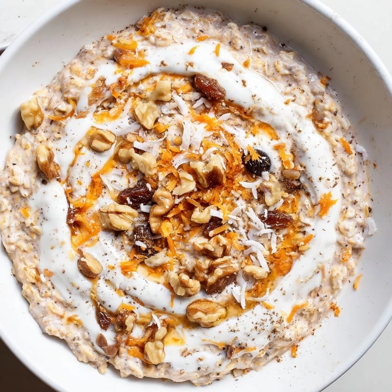 A jar of Carrot Cake Overnight Oats, showing layers of creamy oats and grated carrots, tempting you.