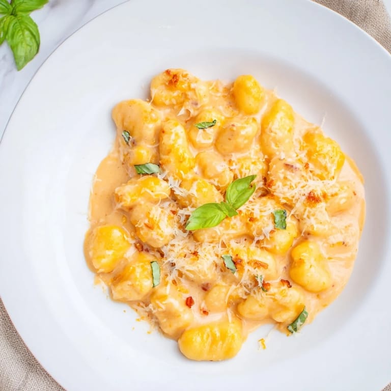 Warm, creamy bowl of Creamy Tomato Gnocchi, garnished with fresh basil, ready for a comforting dinner.