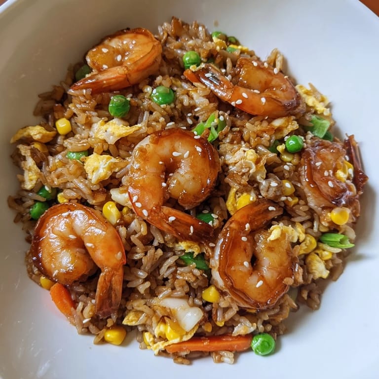 Steaming bowl of shrimp fried rice, featuring perfectly cooked shrimp and fluffy rice.