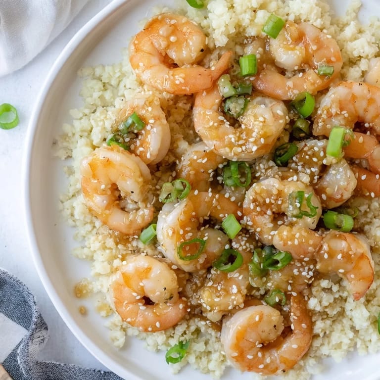 Aromatic ginger garlic shrimp bowls with glistening shrimp, served atop fluffy cauliflower rice in bowls.