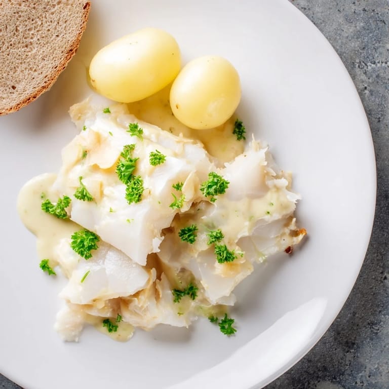 Savory Norwegian Lutefisk, baked until tender, served with a rich, tangy mustard sauce.