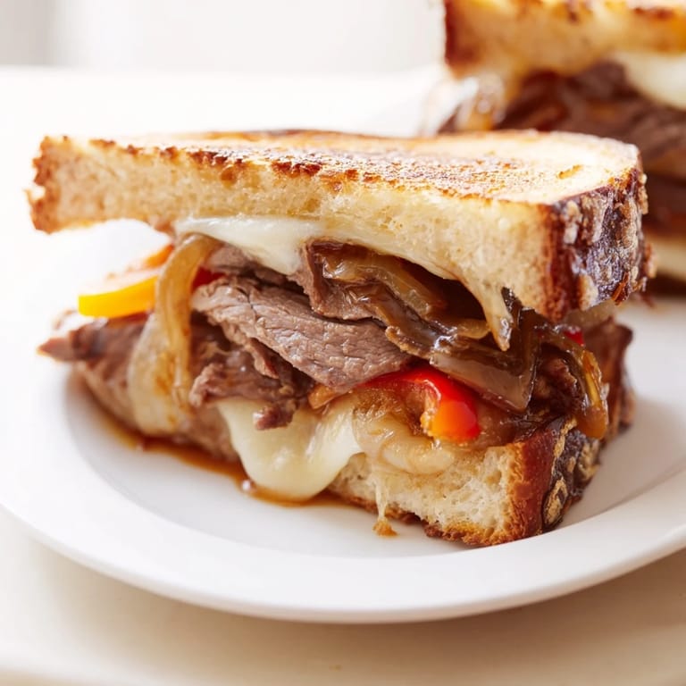 Philly Cheesesteak Grilled Cheese served on a rustic plate with a side of fries and fresh greens for a hearty meal.