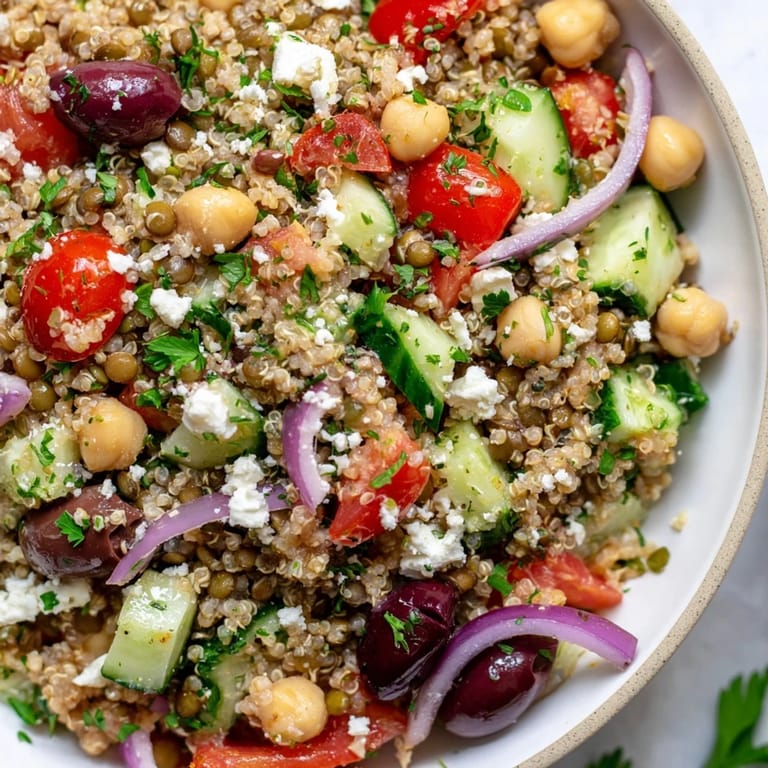 Overhead view of Greek Power Salad with diced cucumbers, red bell pepper, Kalamata olives, and crumbled feta cheese, garnished with fresh parsley.