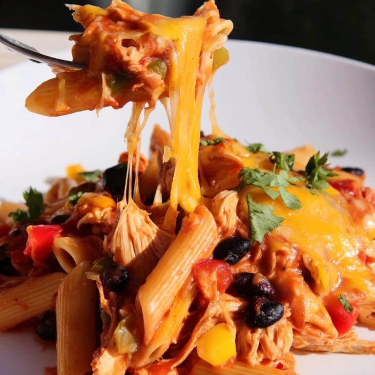 A skillet of Chicken Enchilada Pasta with black beans, peppers, and a rich red sauce.