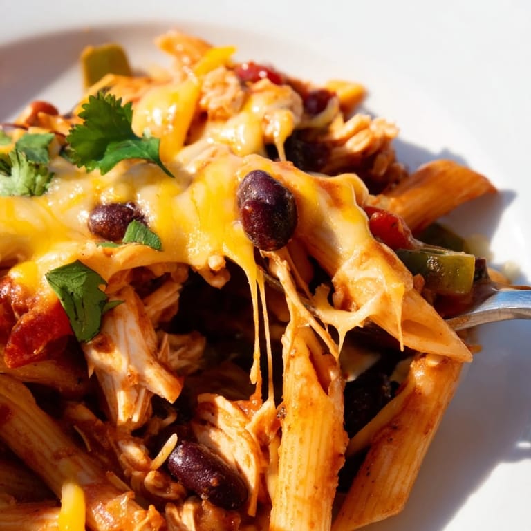 Cheesy Chicken Enchilada Pasta served with sour cream and diced avocado garnishes.