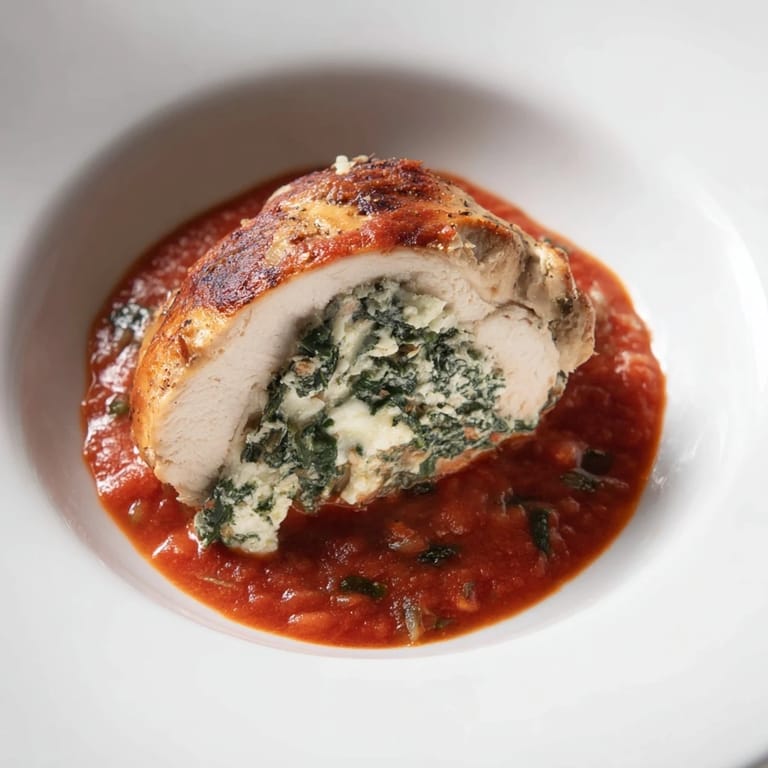 Spinach Ricotta Stuffed Chicken resting in a cast-iron skillet, topped with melted Parmesan and fresh basil leaves.  