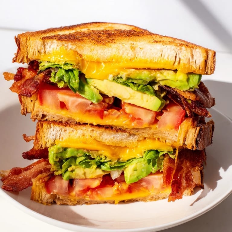 A close-up of Avocado BLT Grilled Cheese, with melted cheese oozing from crispy, buttery sourdough layers filled with bacon and fresh vegetables.