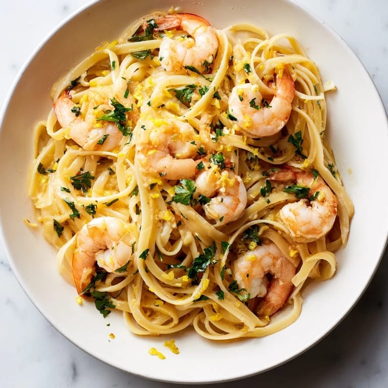 Succulent pink shrimp nestled in Garlic Butter Shrimp Linguine, garnished with fresh parsley and grated Parmesan cheese.