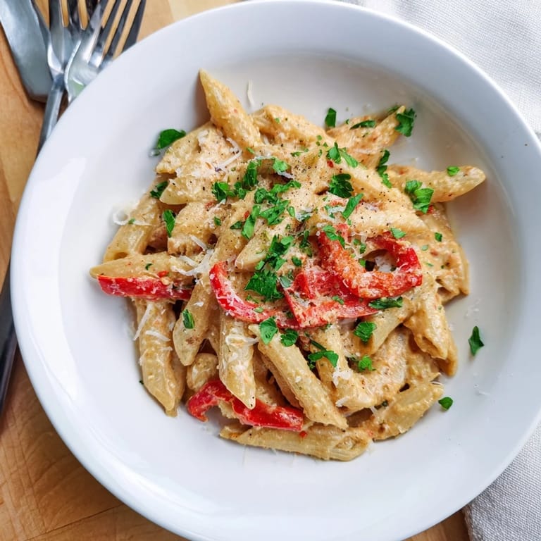 A steaming plate of Creamy Cajun pasta features al dente penne coated in a spicy, velvety sauce with sweet peppers.  