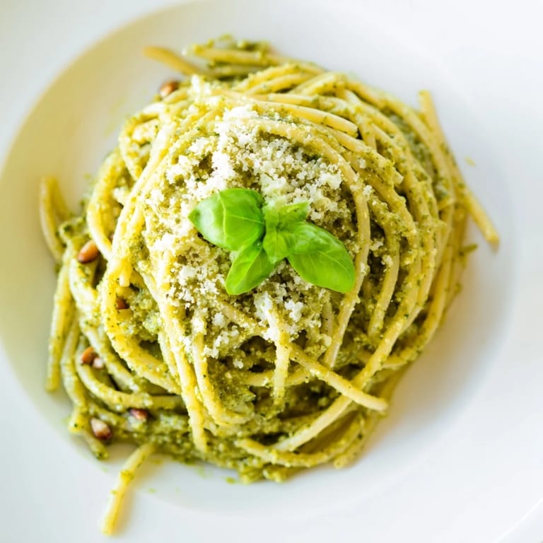Close-up of Creamy Sunflower Seed Pesto Pasta served warm, garnished with extra basil, garlic, and grated Parmesan cheese.