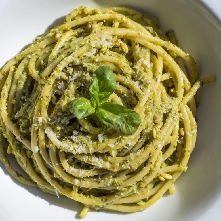 A generous serving of Creamy Sunflower Seed Pesto Pasta in a white bowl, garnished with basil and ready to eat.