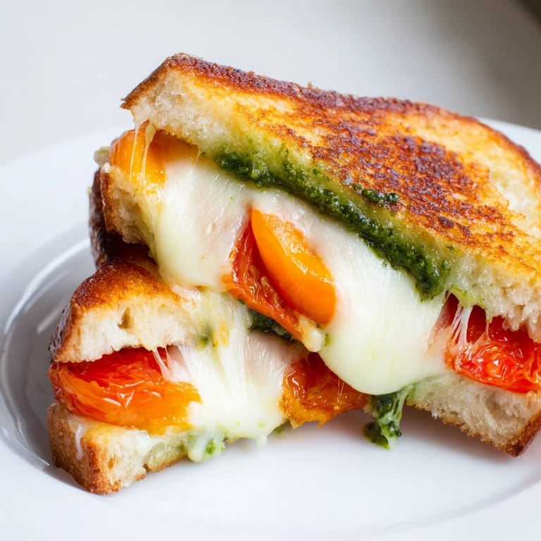 Two halves of a Roasted Tomato Pesto Grilled Cheese revealing melted cheese and roasted tomatoes, served on a rustic board.